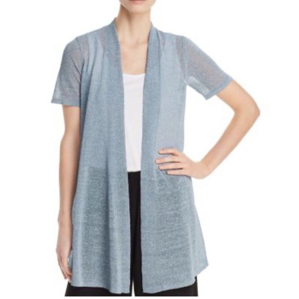 Eileen Fisher Blue Steel Fine Organic Linen Crepe Shimmer Long Cardigan Small